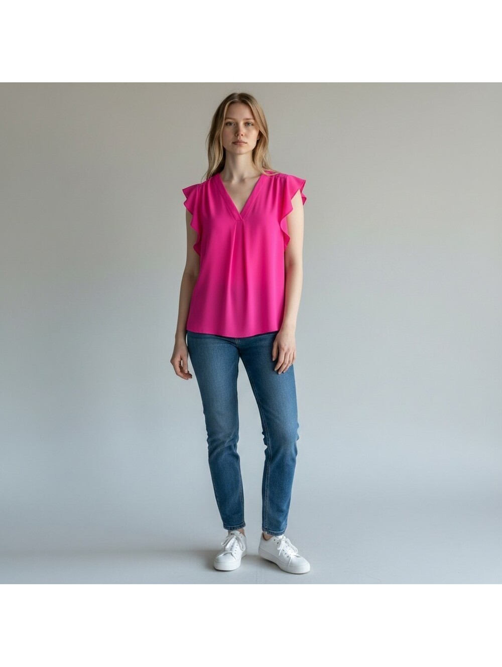 Chaus Blouse Women L Large Pink V-Neck Short Sleeve Pullover Casual Solid